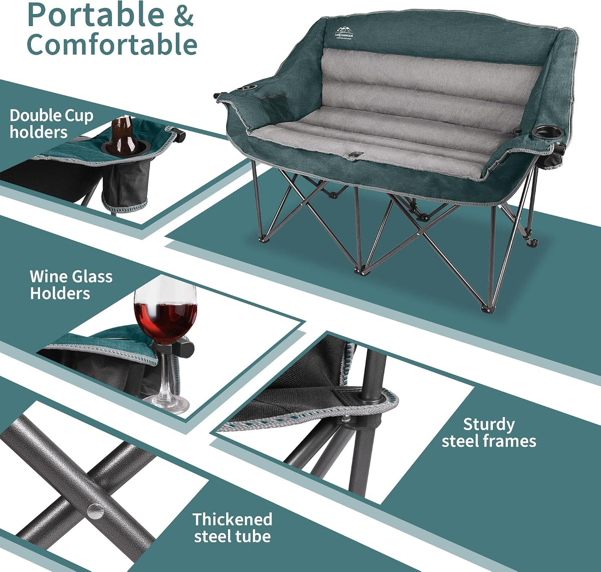 Fully Padded Folding Double Camping Chairs,Comfy Oversized Loveseat Lawn Chair w/Wine Glass Holder,Cup Holder,Heavy Duty Outdoor Portable Camp Couch Support 600 Lbs,Dark Green