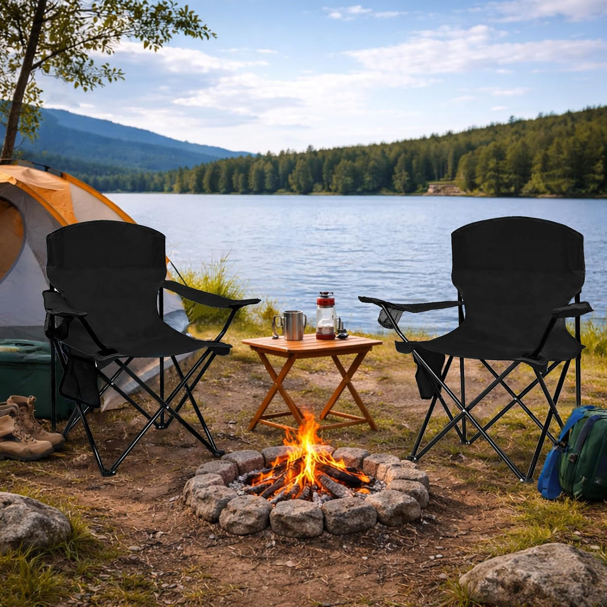 Camping Chair 2 Pack Portable Folding Chair, Supports 300lbs, Black