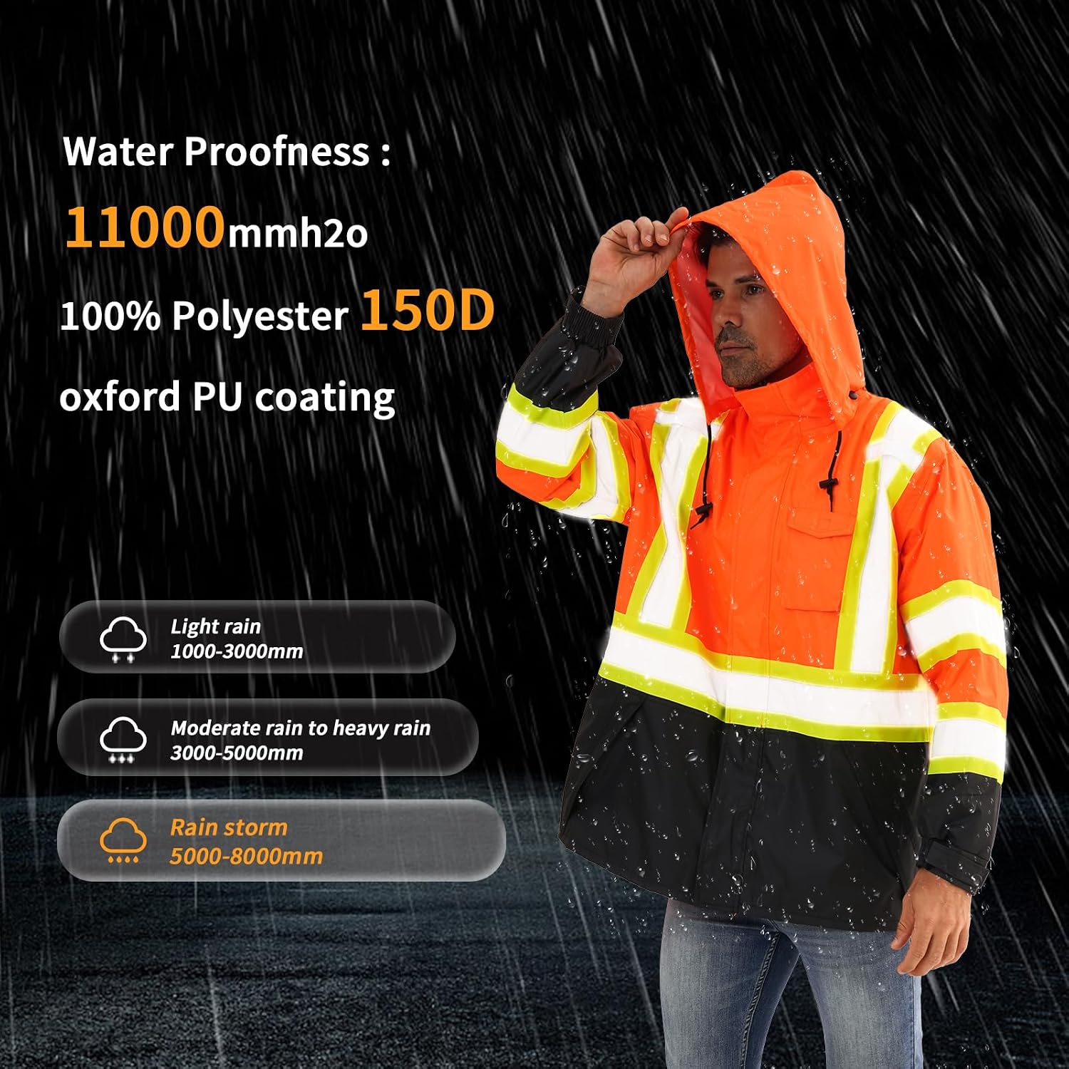 Reflective Rain jackets for men waterproof,Hi Vis Safety Coat With Reflective Strips，High Visibility Class 3 Rain jackets With 2 large pockets，Zipper,Orange,4XL/5XL
