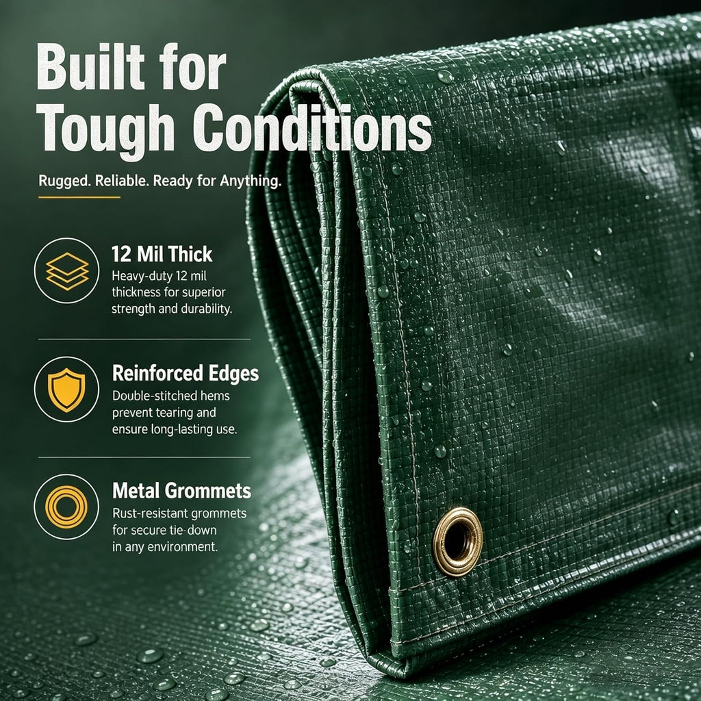 Heavy Duty Waterproof Tarp 12x16 ft, 12 Mil Thick Polyethylene