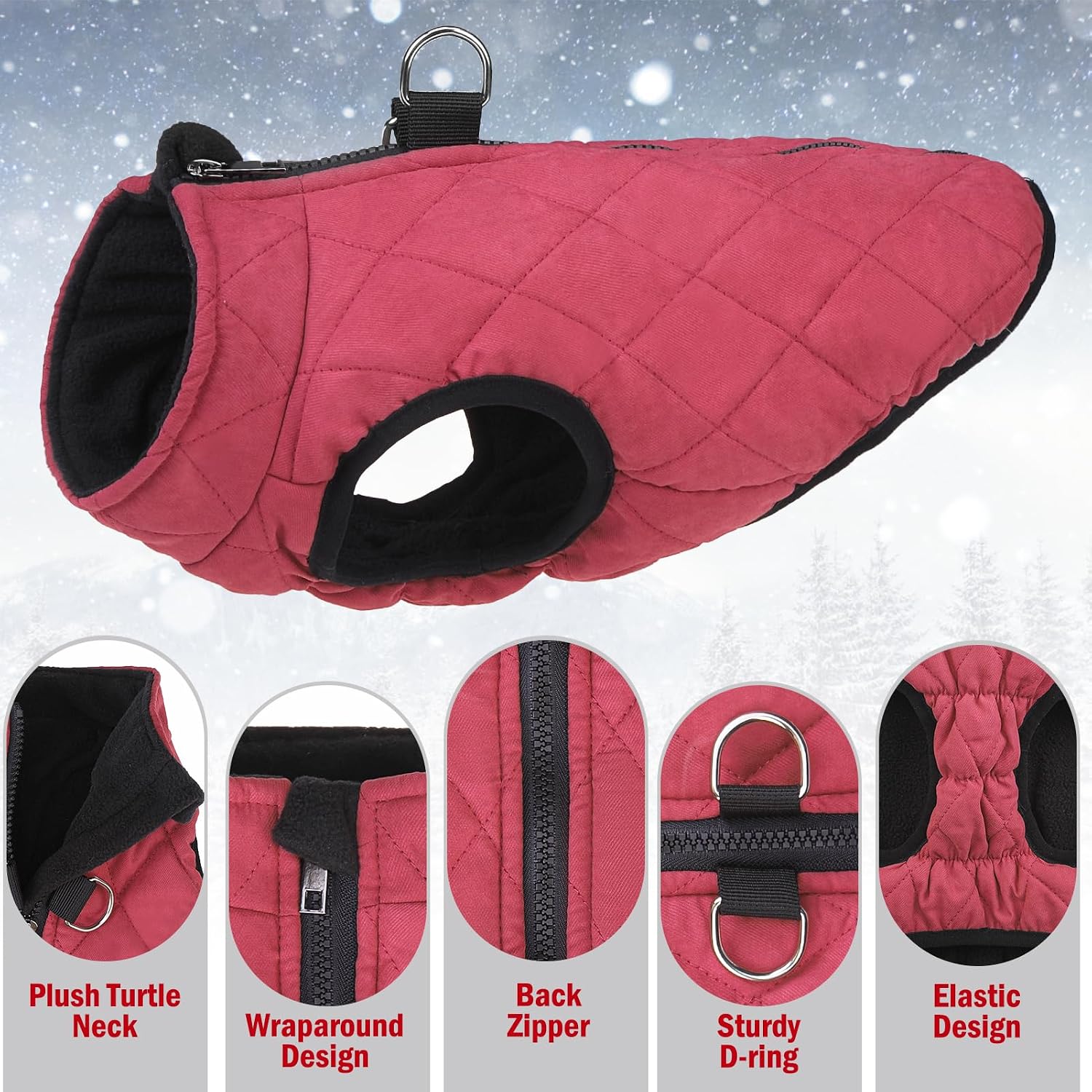 SCENEREAL Winter Dog Vest Coat with Harness Built in for Small Dogs, Red XS