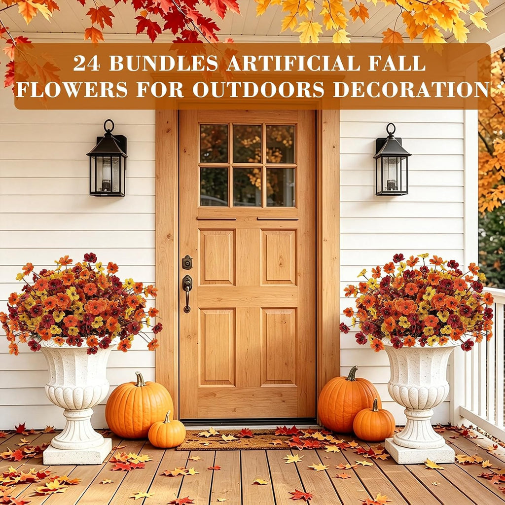 24 Bundles Fall Artificial Flowers for Outdoors Fall Decor UV Resistant