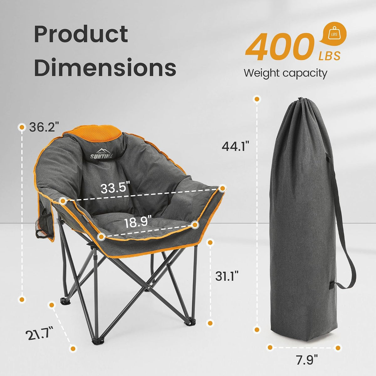 Oversized Padded Comfy Camping Chair for Adults, Portable Padded Lawn Chair, (2 Pack) (Orange)
