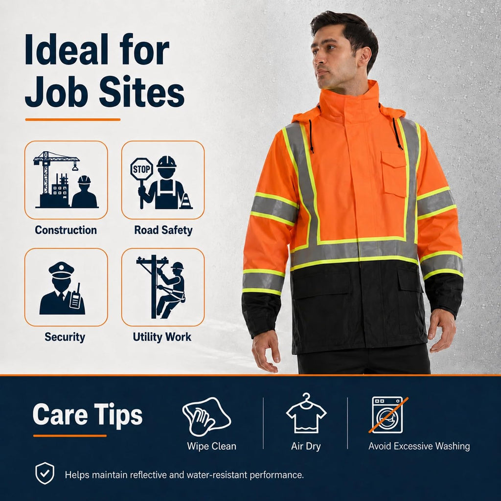 SKSAFETY Hi Vis Safety Rain Jacket for Men, Construction Work Rain Gear Heavy Duty Class 3 Rain Coat Waterproof Lightweight