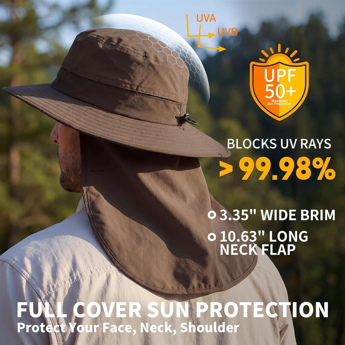 Connectyle Wide Brim Sun Hat for Men Women UPF 50+ Breathable Fishing Hat with Neck Flap Outdoor Hiking Safari Bucket Hats