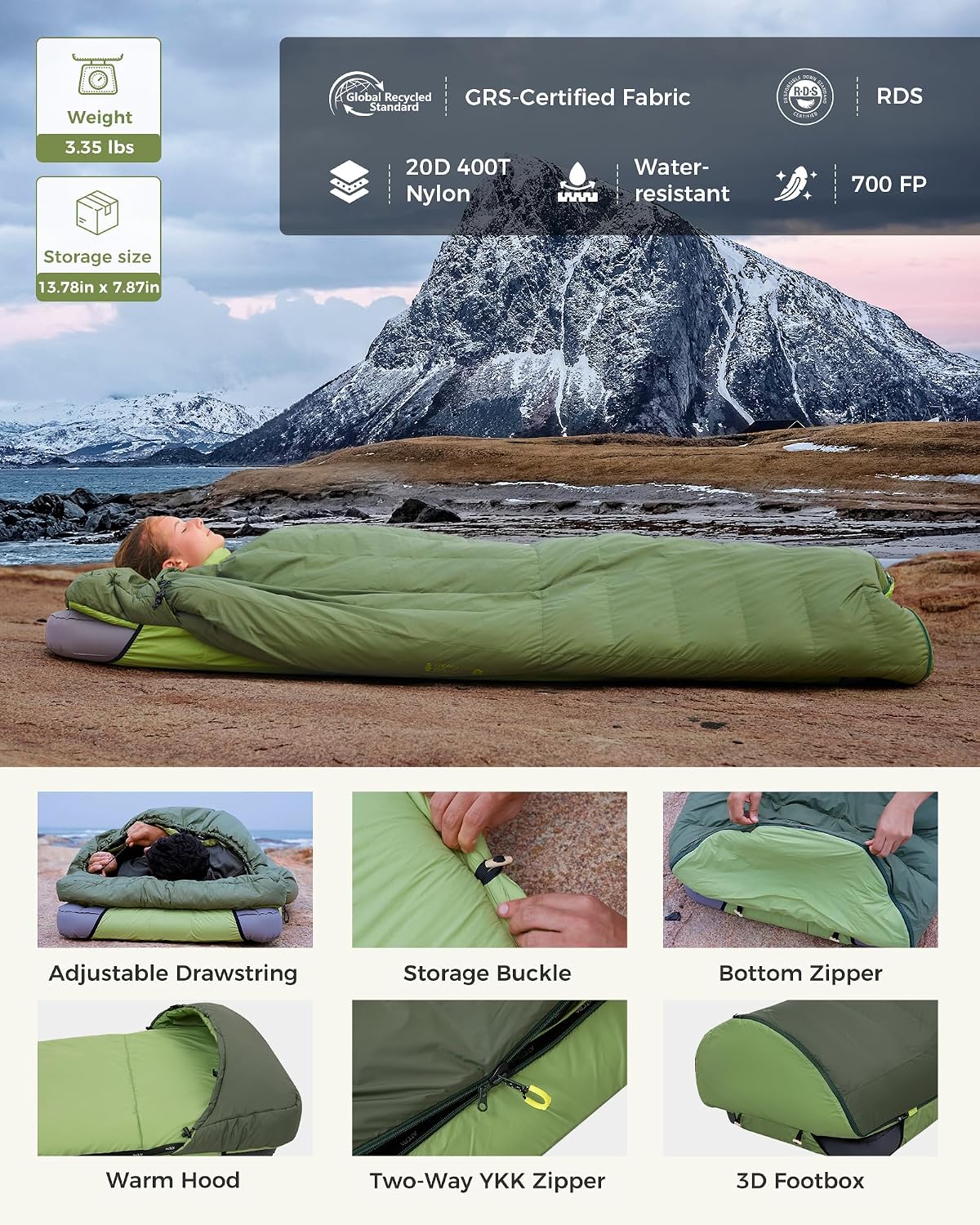 ATEPA Down Sleeping Bag, 650FP / 700FP Recycled, 3-Season