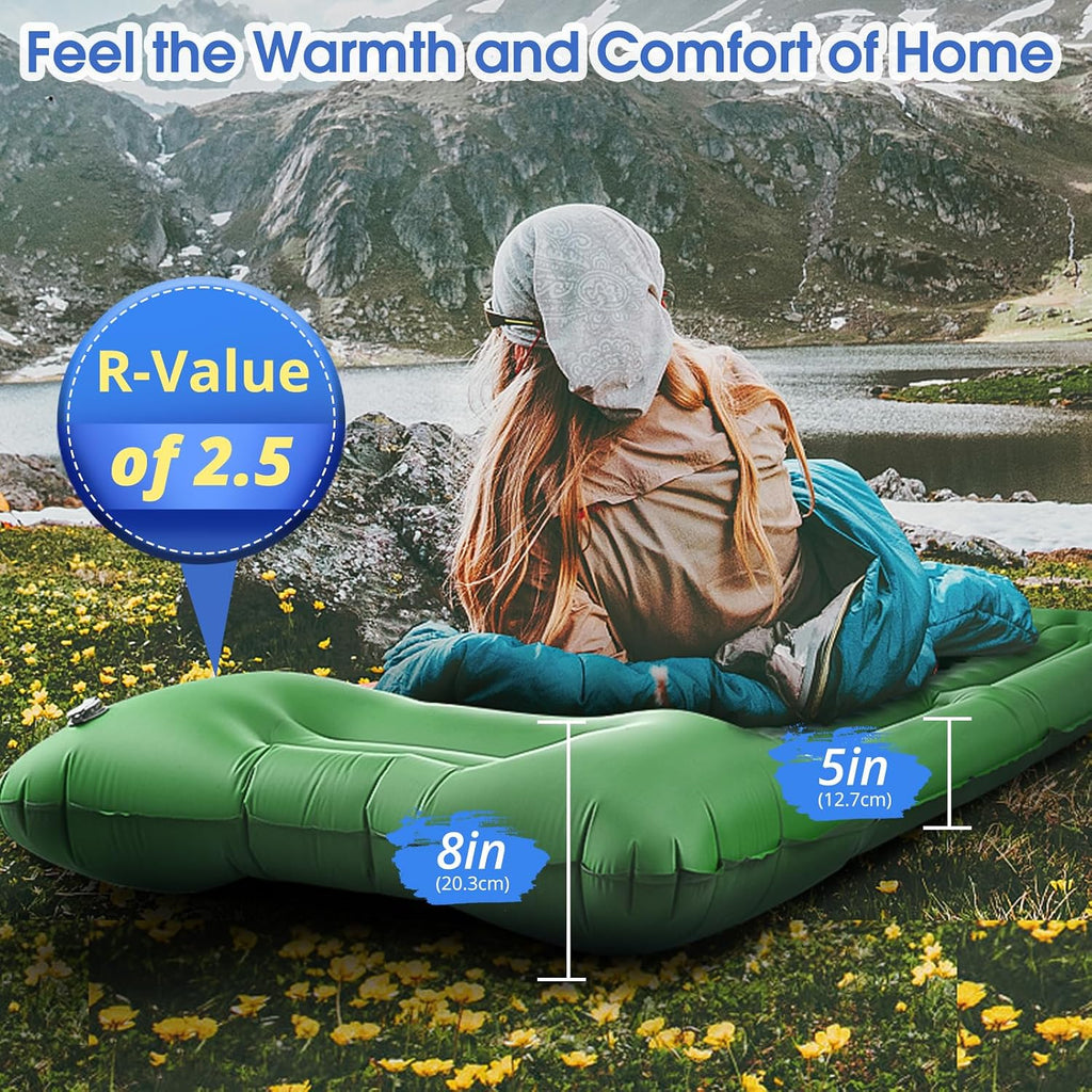 LILTSDRAE Camping Sleeping Pads，Extra Thick 5 Inch Inflatable Sleeping Mat with Pillow Built-in Pump，Oversized Mattress Super Portable Backpacking Sleeping Pad (Green, Single)