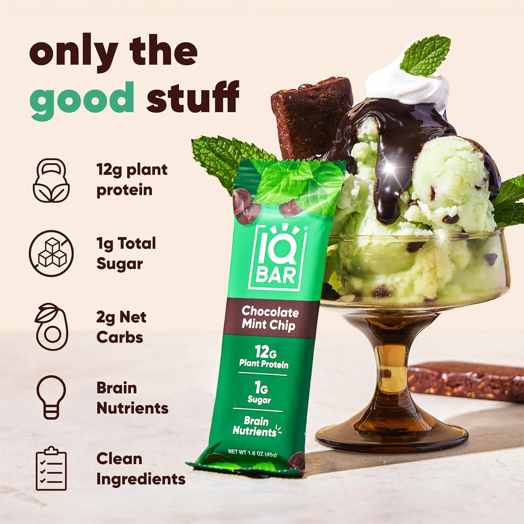 IQBAR Clean Protein Bars, Low Sugar Keto, Chocolate Mint Chip 24-Count
