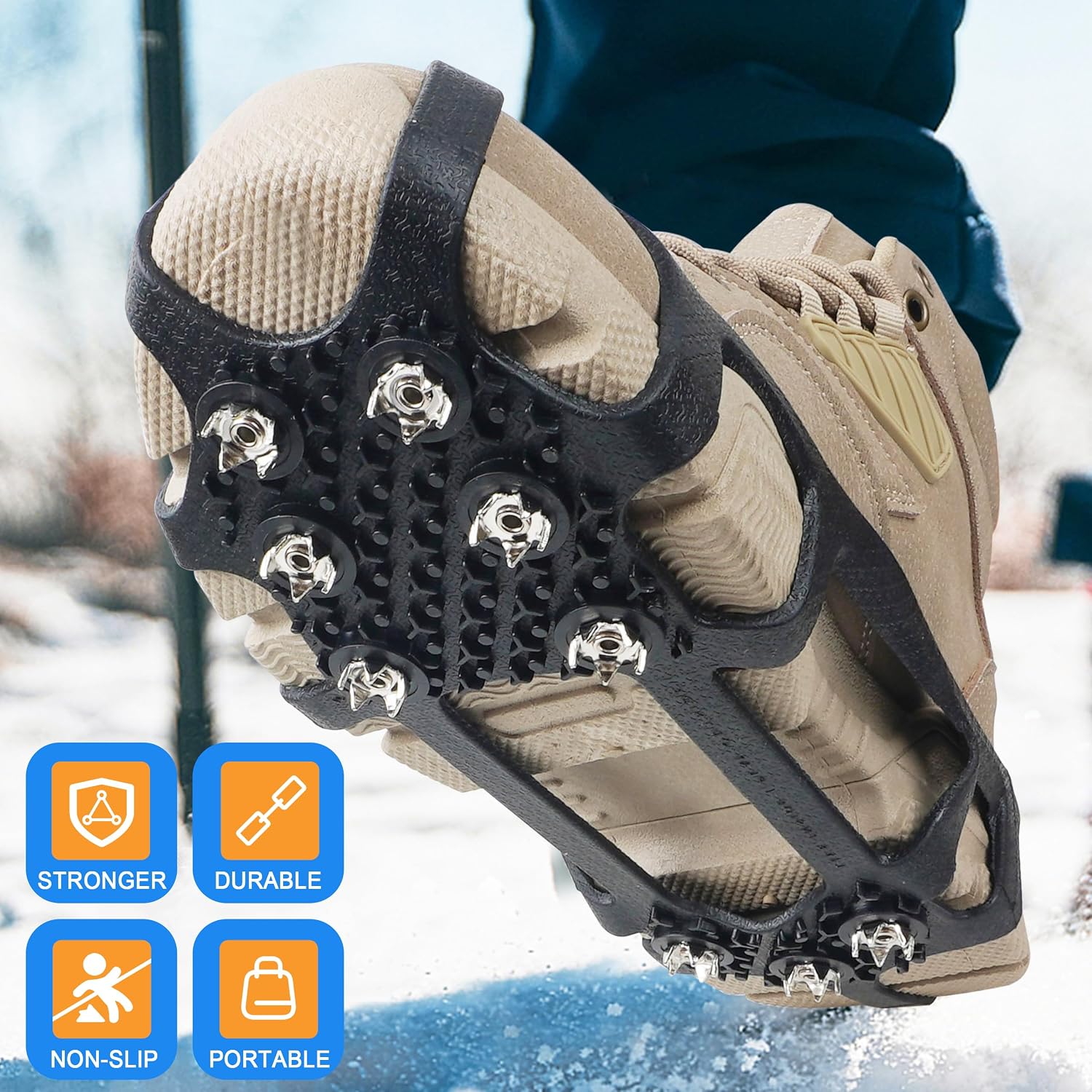 Ice Snow Cleats for Shoes and Boots 9 Studs Crampons Shoe Spikes for Snow and Ice Non-Slip Ice Shoes Grippers with Adjustable Straps Overshoe for Women Men Kids Hiking Walking Ice Fishing