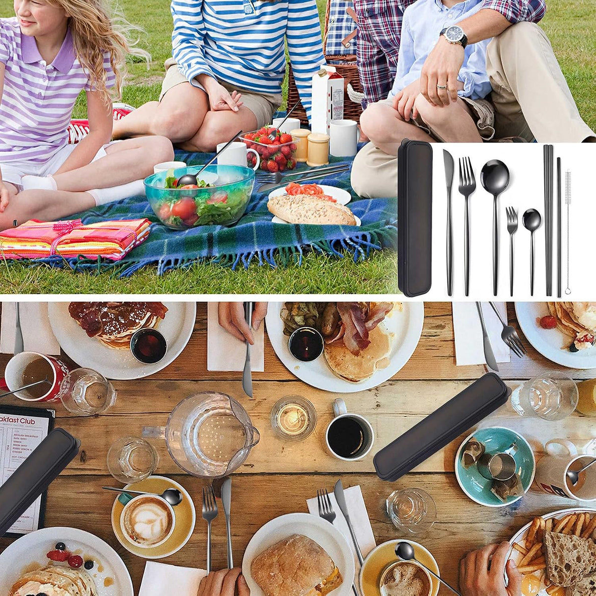 AARAINBOW 8 Pieces Stainless Steel Flatware Set Portable Reusable Cutlery Set Travel Utensils Set Including Chopsticks Knife Fork Spoon Straws Cleaning Brush Dishwasher Safe (Black)