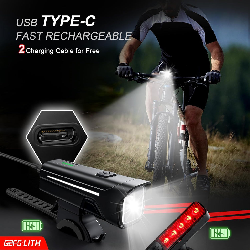 G2FS LITH- Bcycle Front and Rear Light Set. USB-Rechargeable Bike Lights Feature 4+5 Lighting Modes for Night Riding，Suitable for Night Riding& Handheld Flashlights