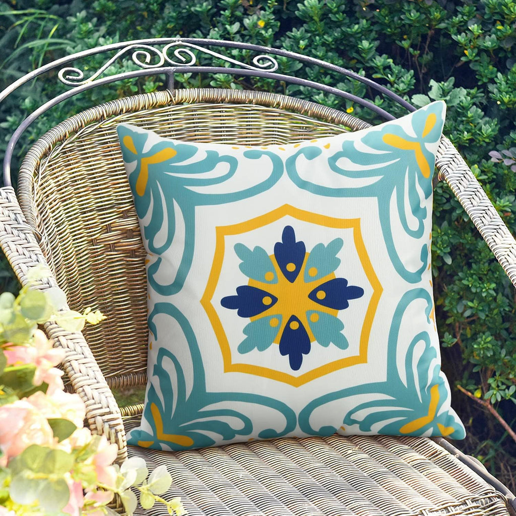 Pyonic Outdoor Waterproof Throw Pillow Covers Set of 4 Floral Printed and Boho Farmhouse Summer Outdoor Pillow Covers for Patio Funiture Garden 18x18 Inch Blue