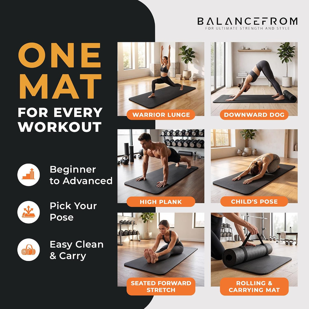 BalanceFrom All Purpose 1-Inch Extra Thick High Density Anti-Tear Exercise Yoga Mat with Carrying Strap, Multiple Colors