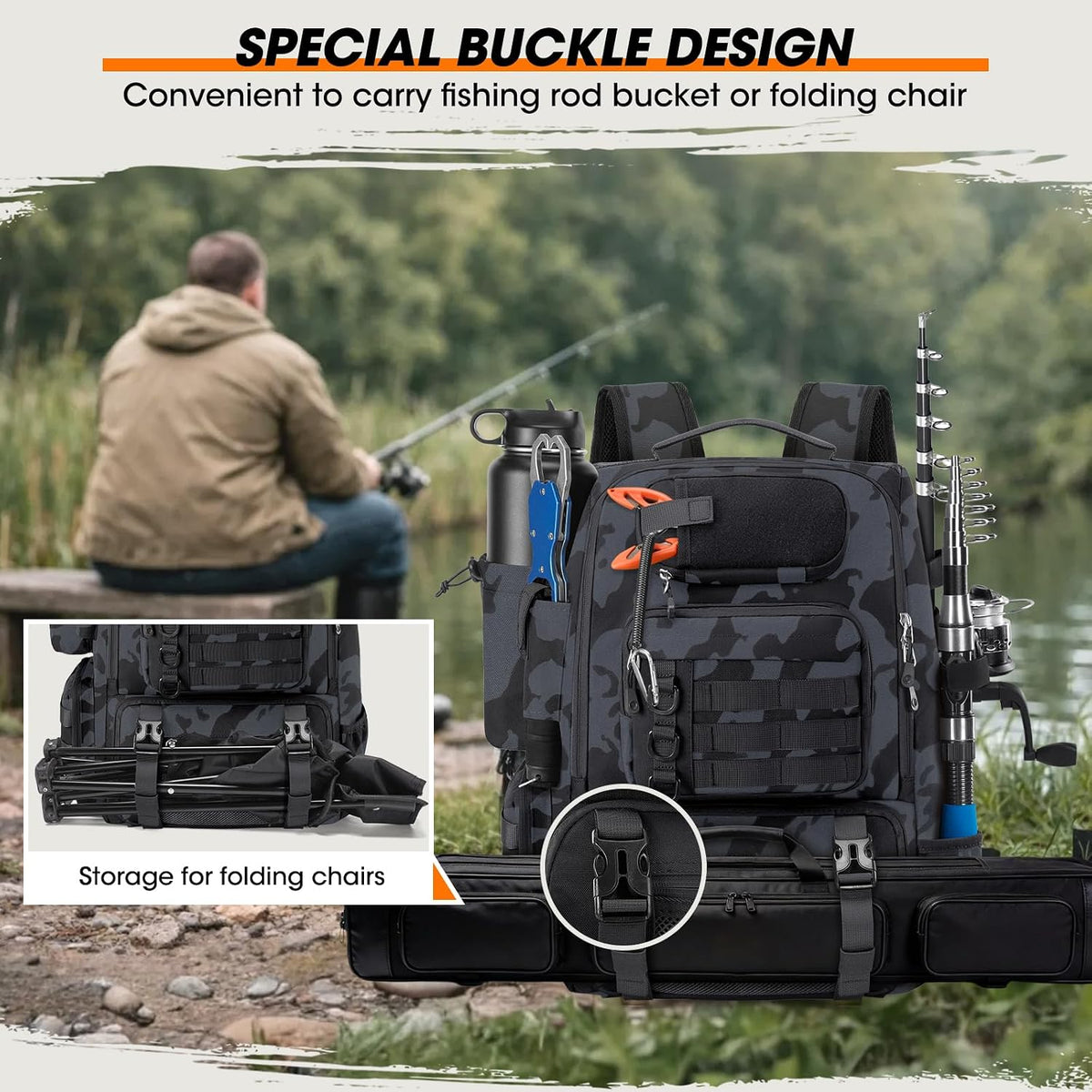 RAINSMORE Fishing Backpack 40L Tackle Backpack with Rod Holders & Cooler