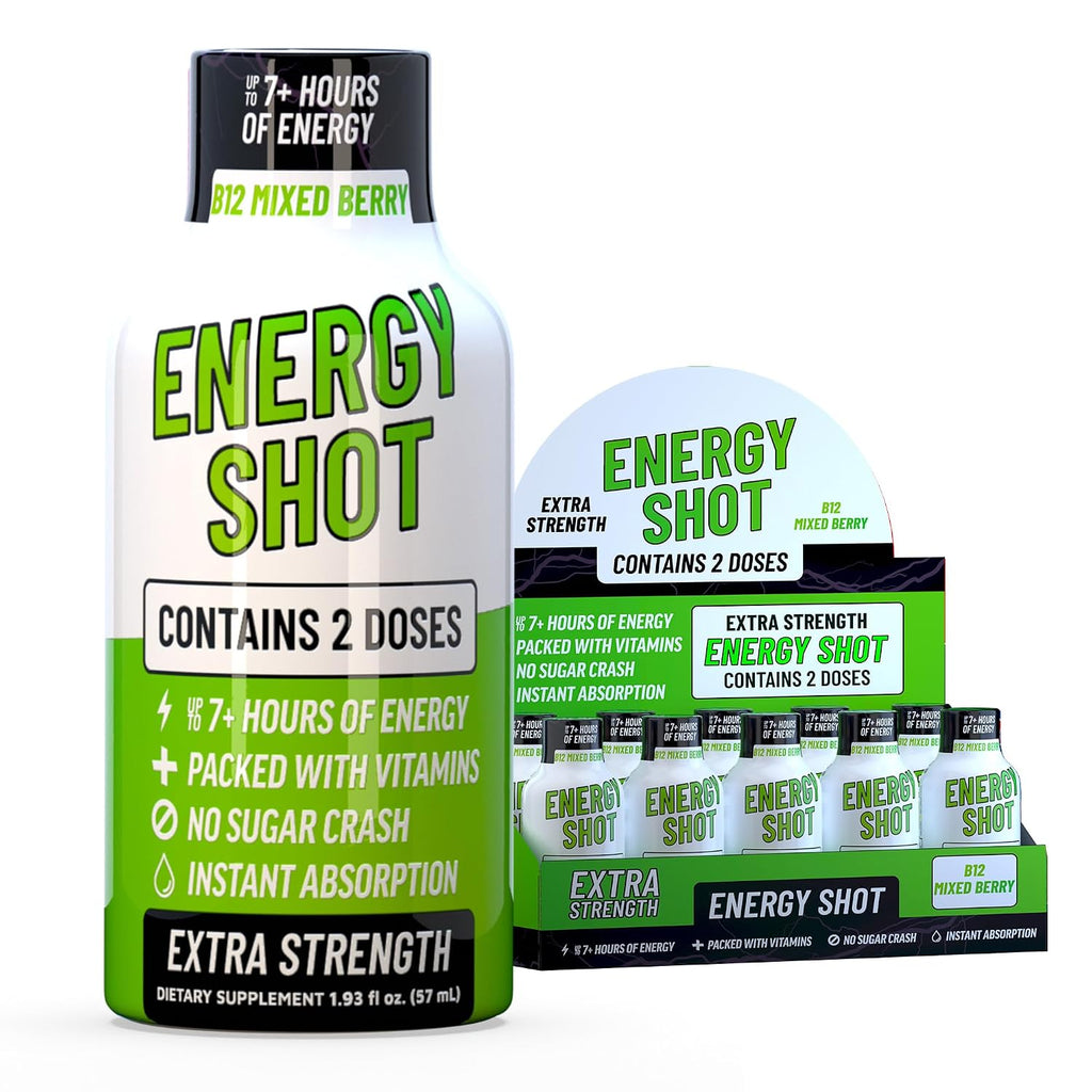 B12 Pomegranate Extra Strength Energy Shot 12 PK – 260mg Natural Caffeine B12 B6 – Energy & Vitality Support – 2 Servings Sugar Free Zero Calorie Green Tea B-Vitamins Electrolytes Vegan – 1.93 fl oz