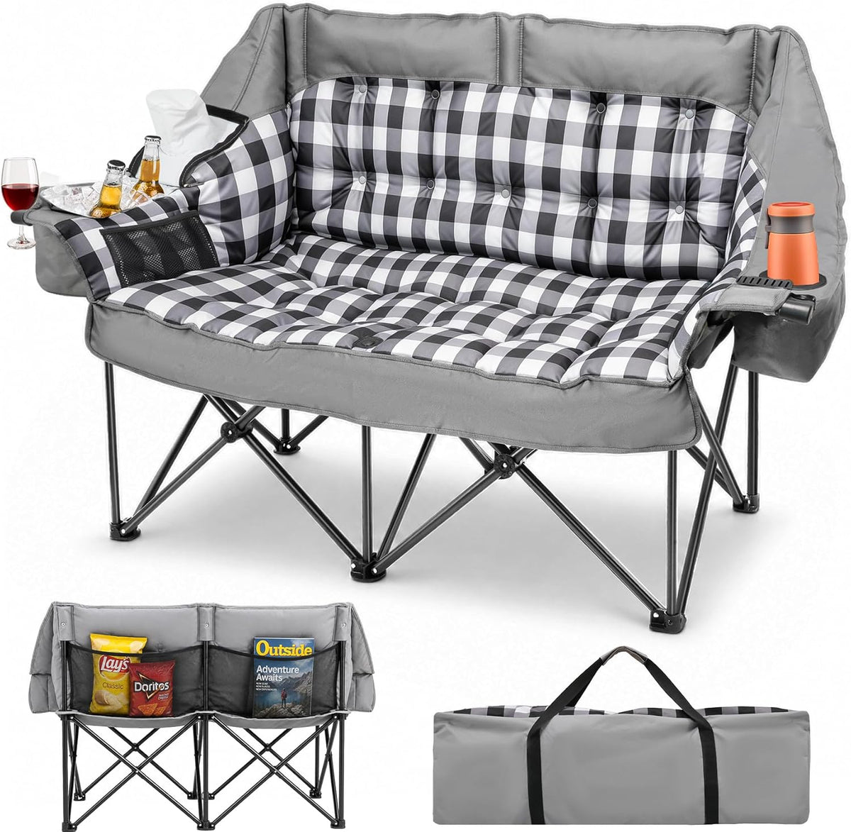 HOPERAN Double Camping Chair 800lbs Camping Couch Folding Loveseat, Grey