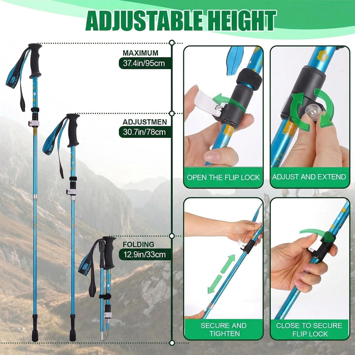 Kids Hiking Poles Lightweight Adjustable Trekking Sticks Collapsible