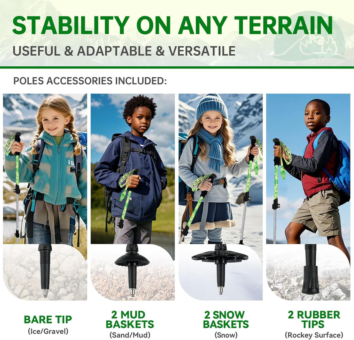 Lightweight Kids Trekking Poles, Collapsible Aluminum Hiking Sticks 2 Pack