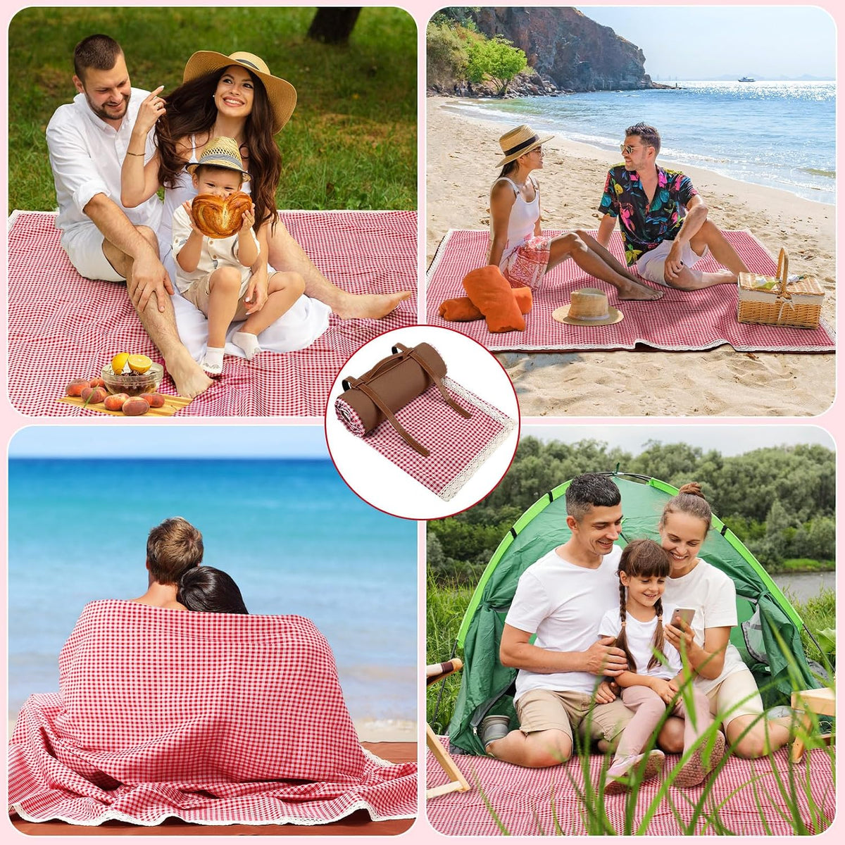 VitalCozy Gingham Picnic Blankets 59x78 in Outdoor Waterproof, Red White