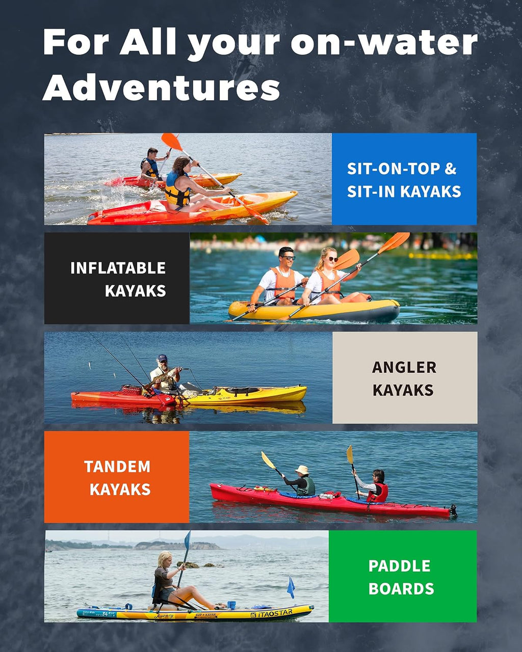 iTAOSTAR Adjustable Kayak Paddle, Aluminum Shaft and PP Blade, Floating Kayaking Oars with Anti-Freeze Grip & Drip Rings, 2-Piece Lightweight Oar for Kayak Canoe Fishing – 225-235 cm (88.6-92.5 in)