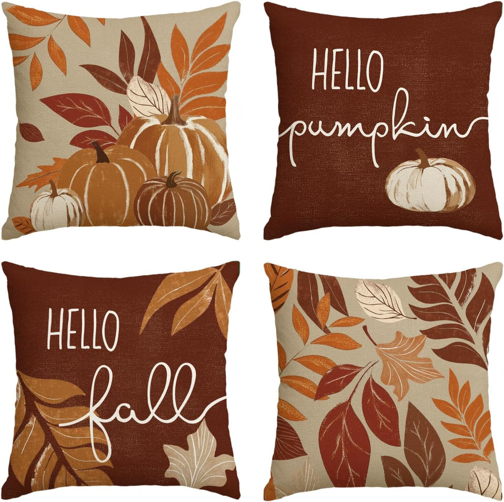 AVOIN colorlife Hello Fall Pumpkin Leaves Pillow Covers 18x18 Inch Set of 4