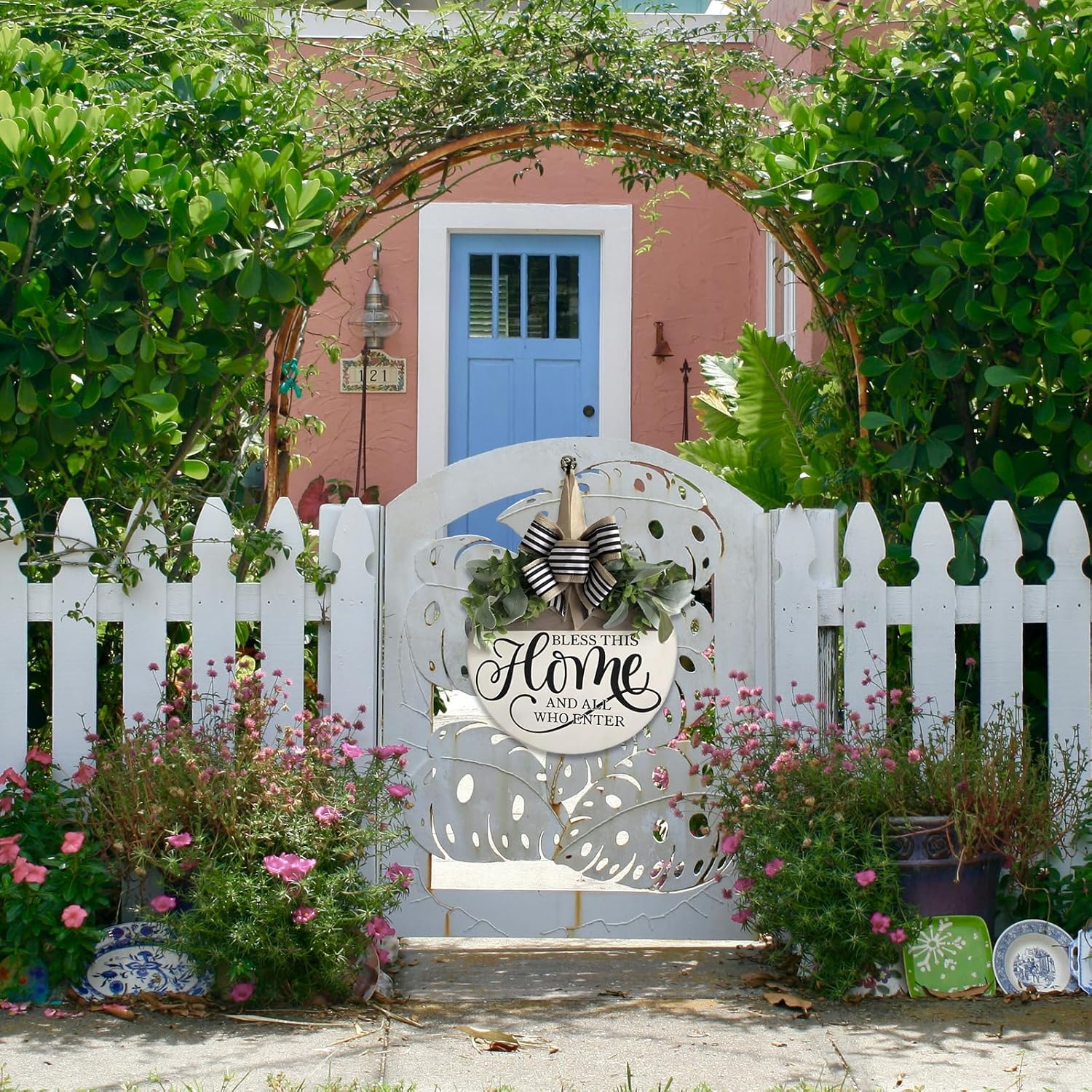 Welcome Sign for Front Door, Rustic Round Wood Wreaths Wall Hanging Outdoor Decor, Porch Fence Decorations Hanging Gift for Home Outdoor for Spring Summer Fall All Seasons Holiday, Bless This Home
