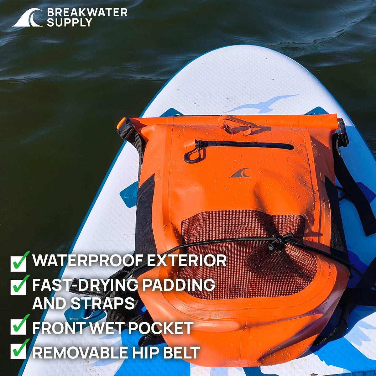 Breakwater Supply™ Meanhigh Dry Bag Waterproof Rolltop Backpack, 25L, Medium/Large, for Water Sports, Boating, Bike, Fishing, Hi-Visibility Safety Orange (Orange)
