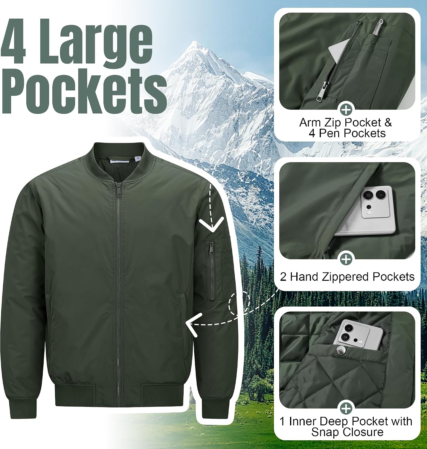 33,000ft Men's Bomber Jacket Lightweight Zip Up Waterproof Windbreaker
