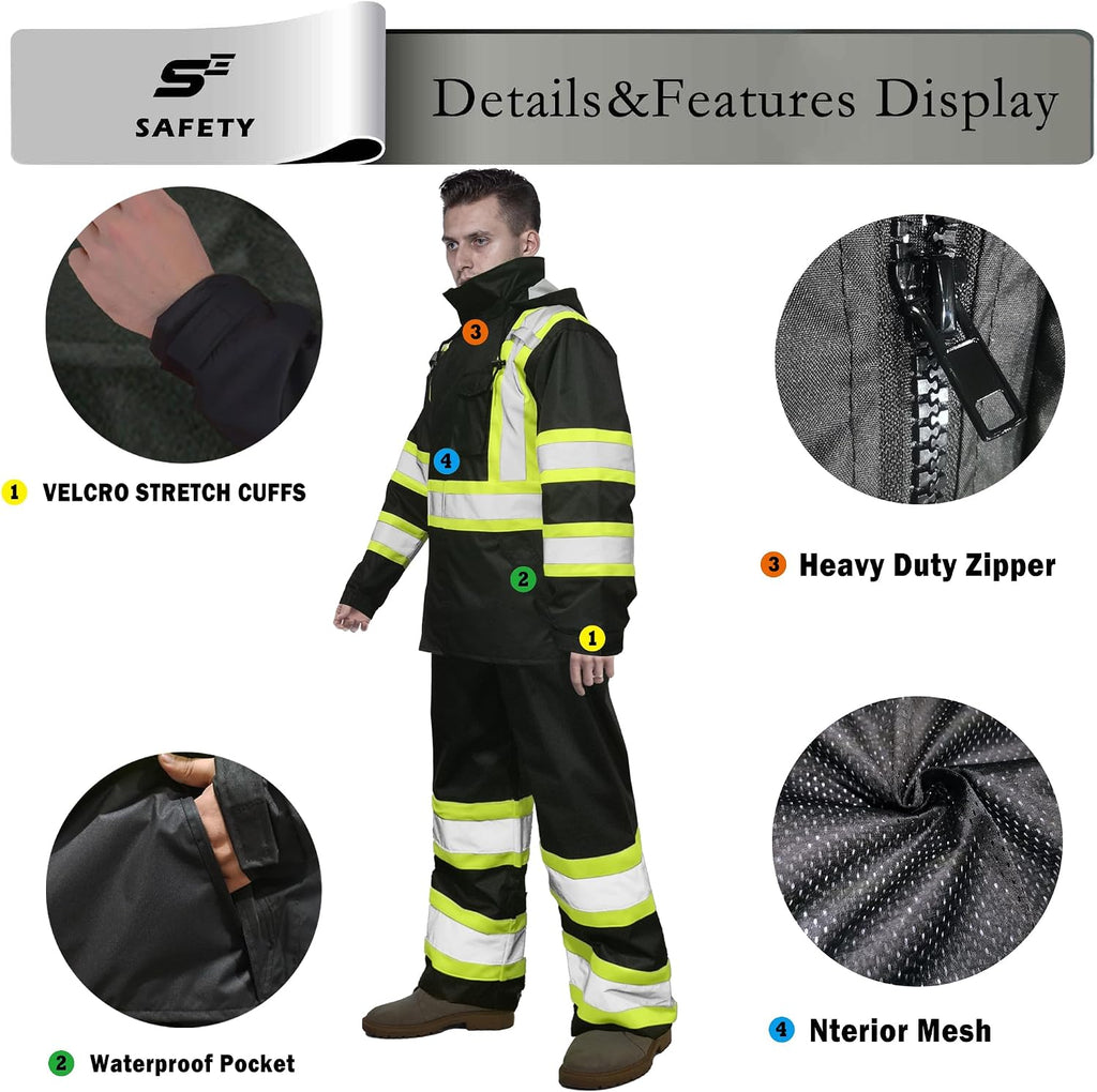 sesafety Hi Vis Rain Jacket, Rain Suits for Men Waterproof withBlack Bottom