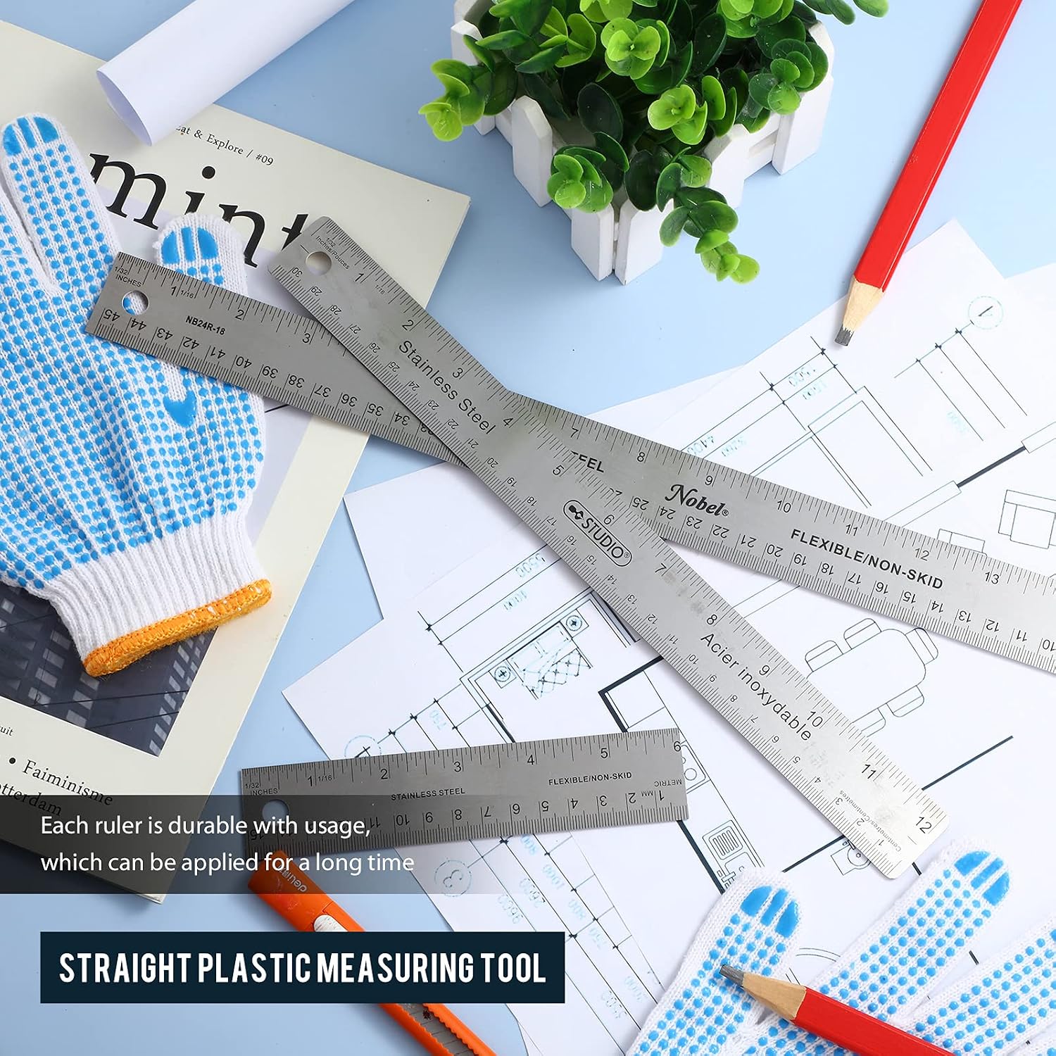 Frienda 2 Pcs Metal Ruler Cork Backed 12+18 Inch Non-Slip Straight Edge