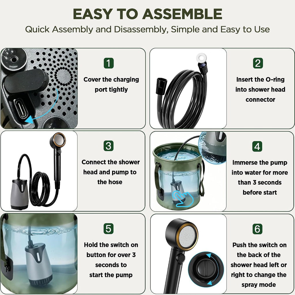 Portable Shower for Camping, 8000mAh Rechargeable Pump with LED Temperature & Battery Display, 25L Collapsible Bucket, 5 Levels Spray, IPX8 Waterproof, USB-C Charging, Camp Shower for Indoor Outdoor