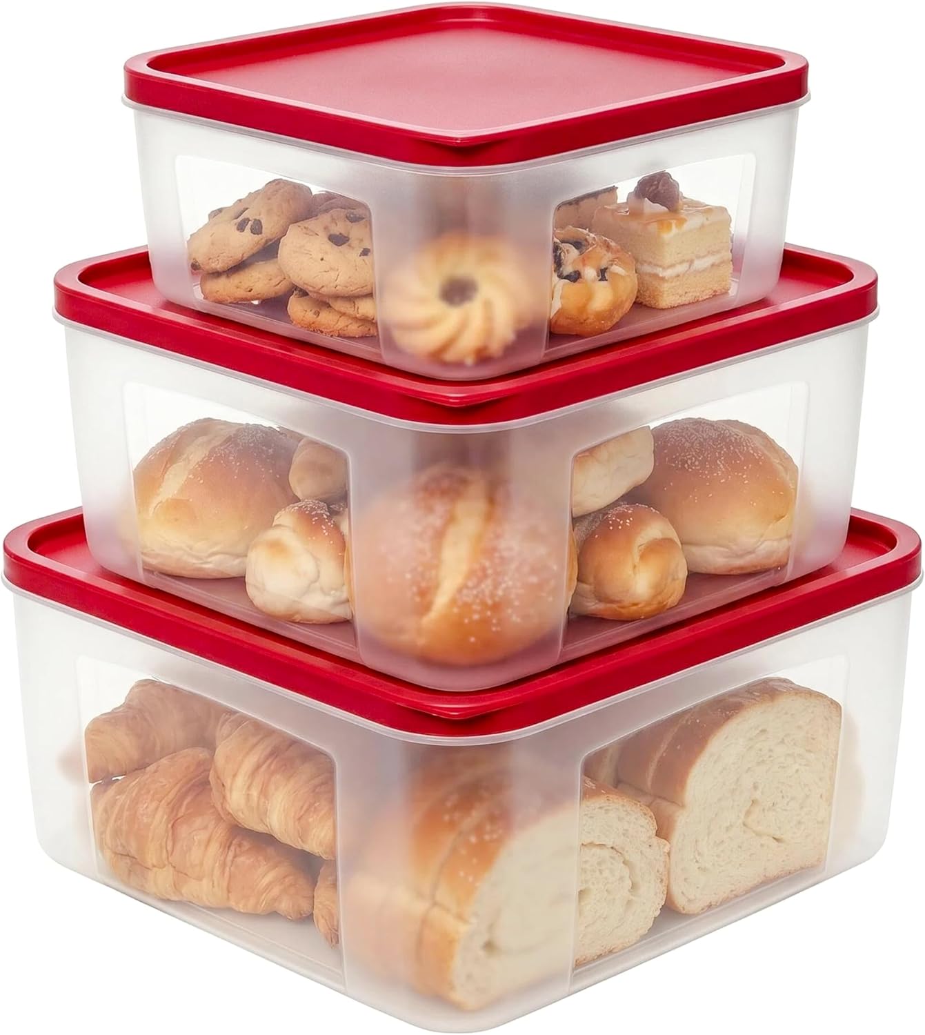 REDANT Plastic Food Storage Containers with Lids Airtight - Large Meal Prep Containers Reusable for Freezer - Bread Box for Cookies, Sandwich, Cake & Muffin, Leak-Proof & Stackable, Square, 3 Pcs