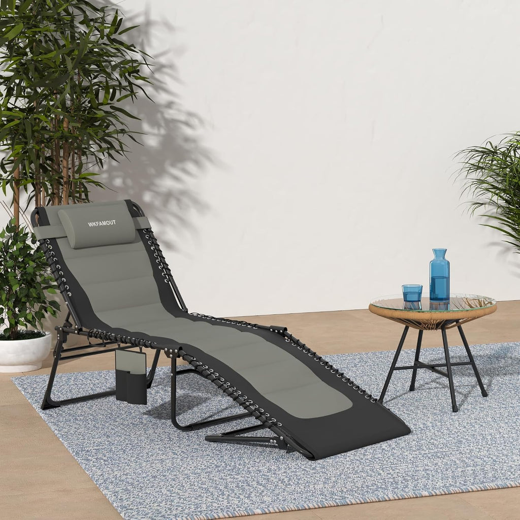 Outdoor Folding Lounge Chair Padded for Adults 264Ibs Patio Chaise Lounge Chair for Outside 5-Position Adjustable Reclining Beach Chair with Pillow Pocket