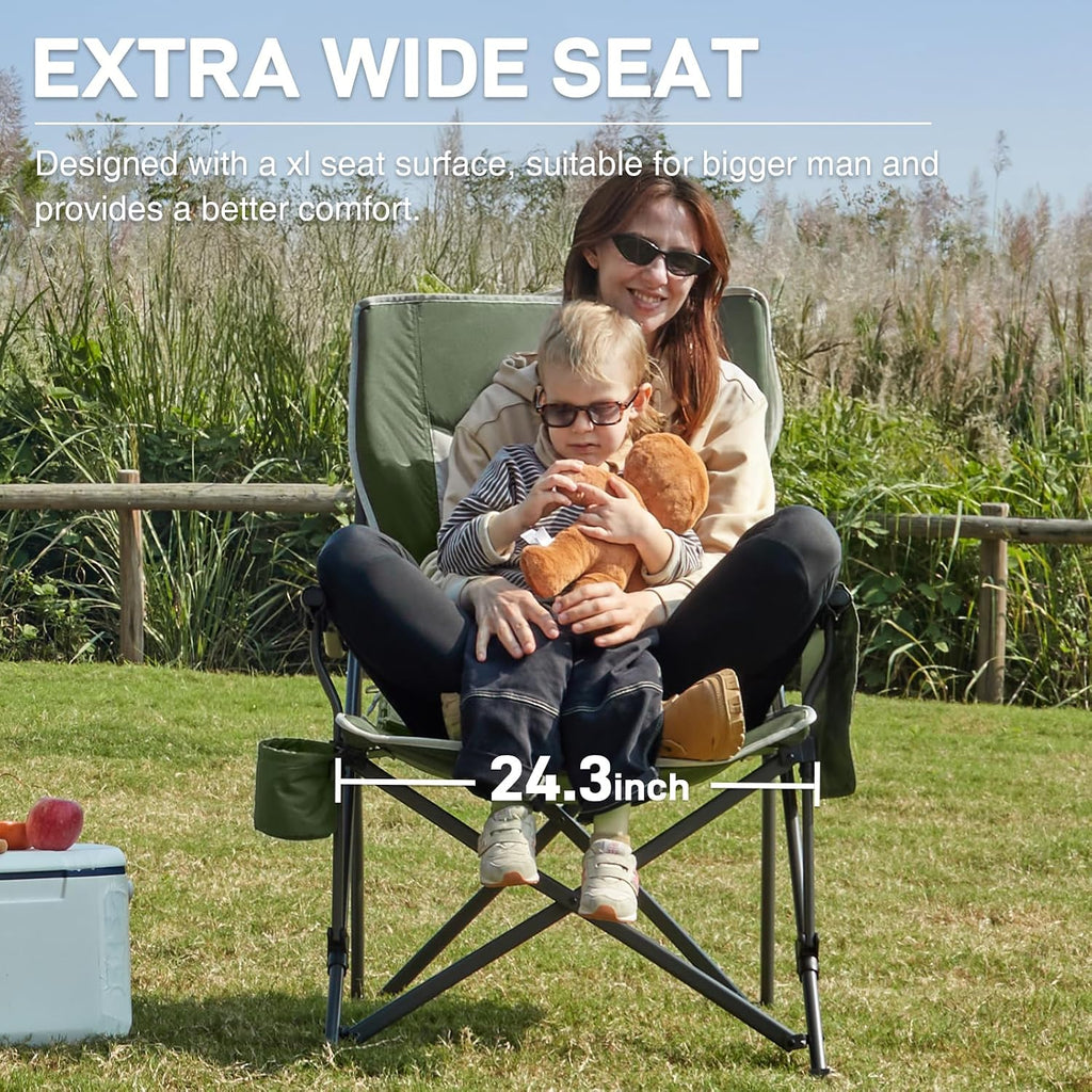 EVER ADVANCED Oversized Folding Camping Chair, for Adults Heavy Duty Lawn Chair with Side Pockets, Portable Collapsible Quad Chair for Outside, Support Up to 500lbs, Green