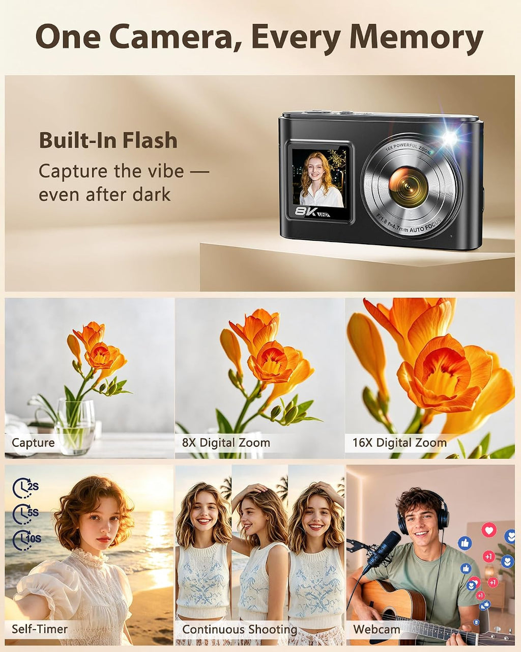 8K Digital Camera, 96MP WiFi Camera for Photography with Dual Screen(Black)