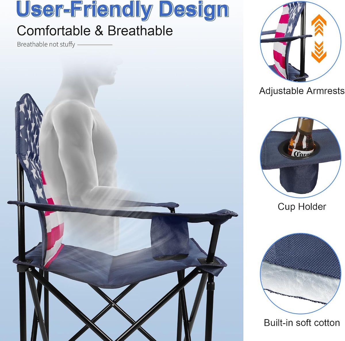 Folding Camping Chairs 2 Pack:Oversized Padded Lawn Chair for Adult,Collapsible for Outdoor,Camp,Fishing & Garden,350-lbs Capacity,American Flag