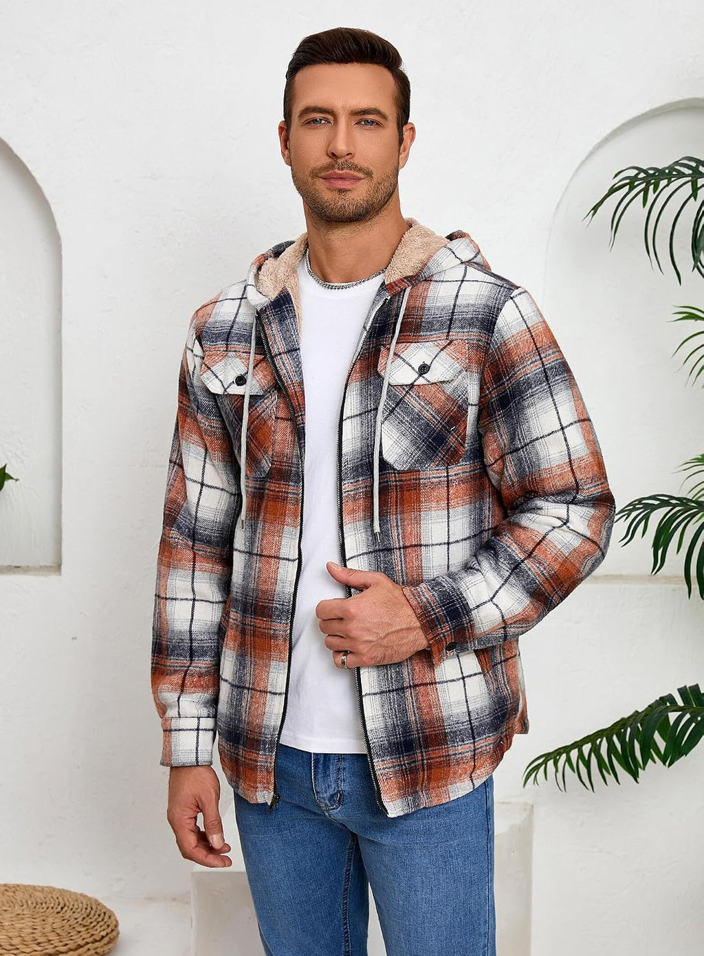 Men's Zip Up Flannel Shirt Jacket Fleece Lined with Hood