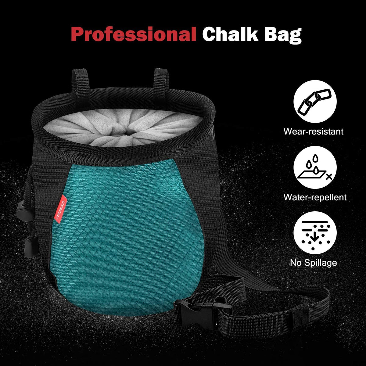 Moko Rock Climbing Chalk Bag, Bouldering Chalk Pot Bucket with Adjustable Belt & Carabiner Drawstring Climbing Gear