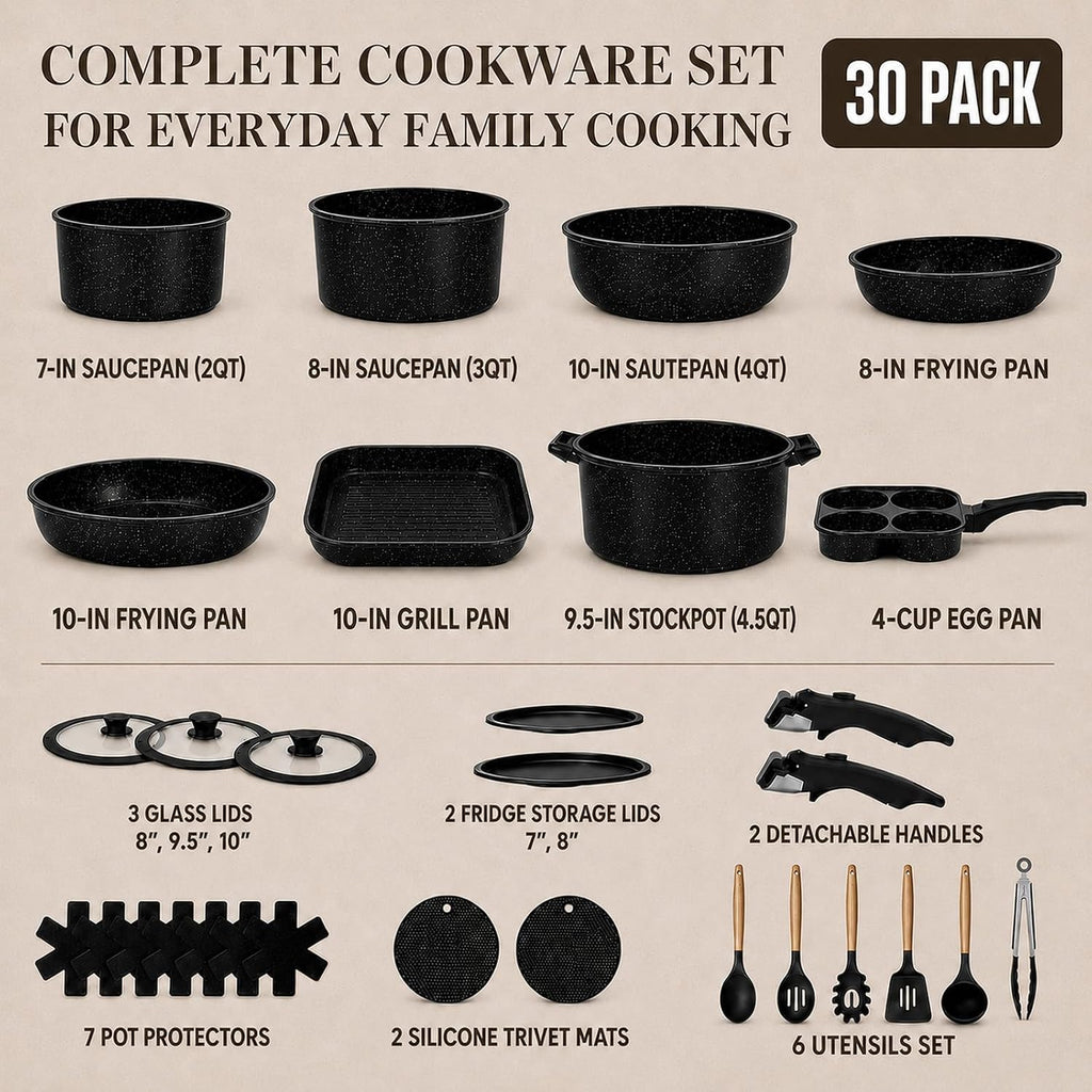KIKCOIN 30-Piece Nonstick Pots and Pans Set, Cookware with Removable Handle