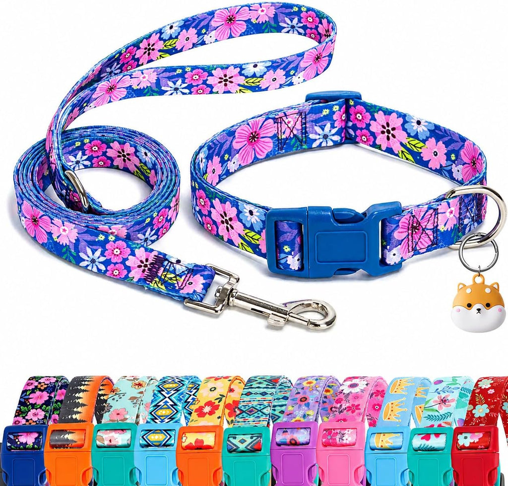 Floral Matching Dog Collar and Leash Set with AirTag Holder-Dark Flower/L