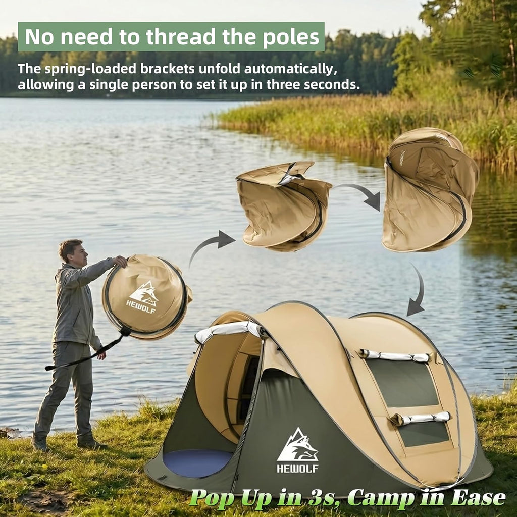 Hewolf 2/4 Person Pop Up Camping Tent,Instant Easy Setup,Waterproof,Automatic Family Tent for Camping,Hiking & Traveling