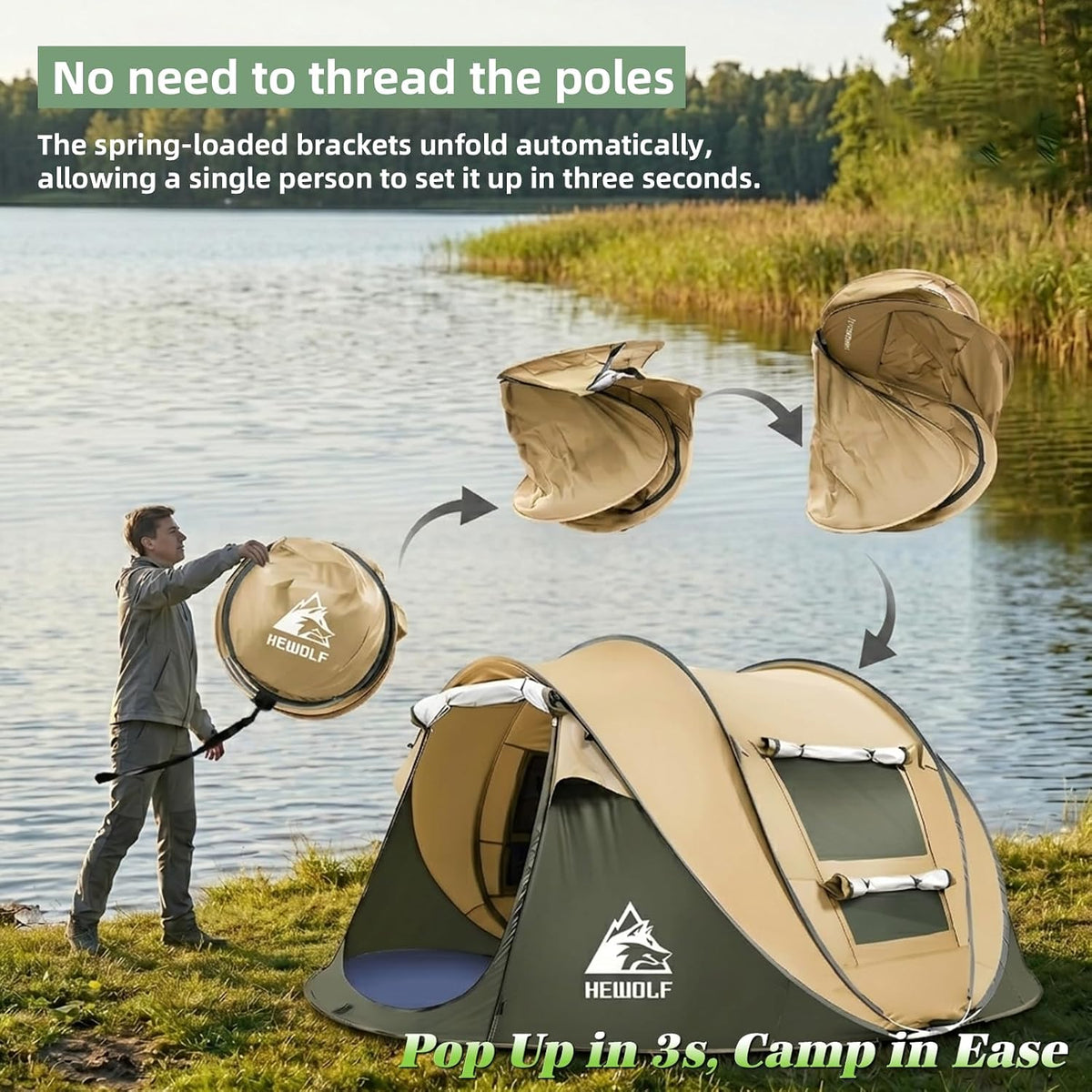 Hewolf 2/4 Person Pop Up Camping Tent,Instant Easy Setup,Waterproof,Automatic Family Tent for Camping,Hiking & Traveling