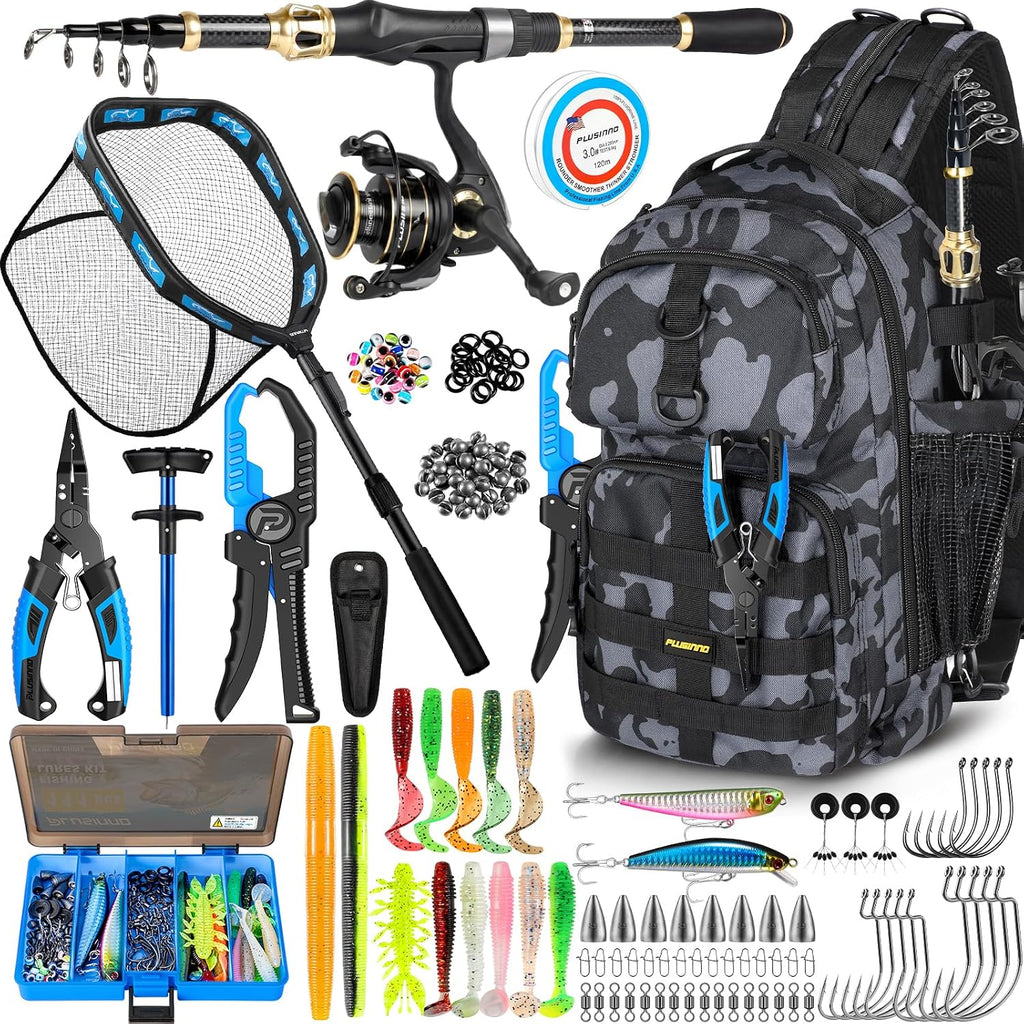 PLUSINNO Fishing Gear-Fishing Rod & Fishing Backpack, Fish Net,Tackle Box