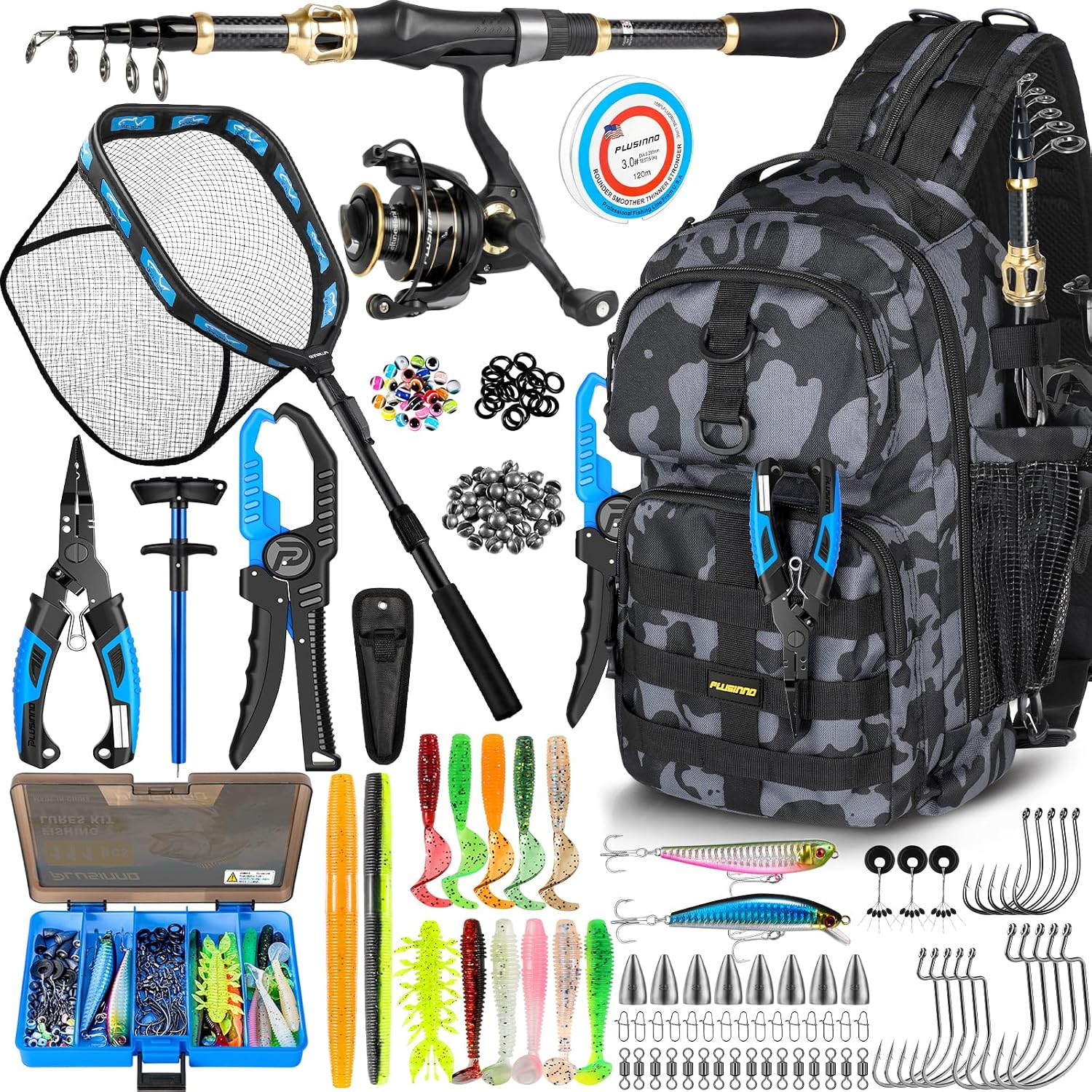 PLUSINNO Fishing Gear-Fishing Rod & Fishing Backpack, Fish Net,Tackle Box