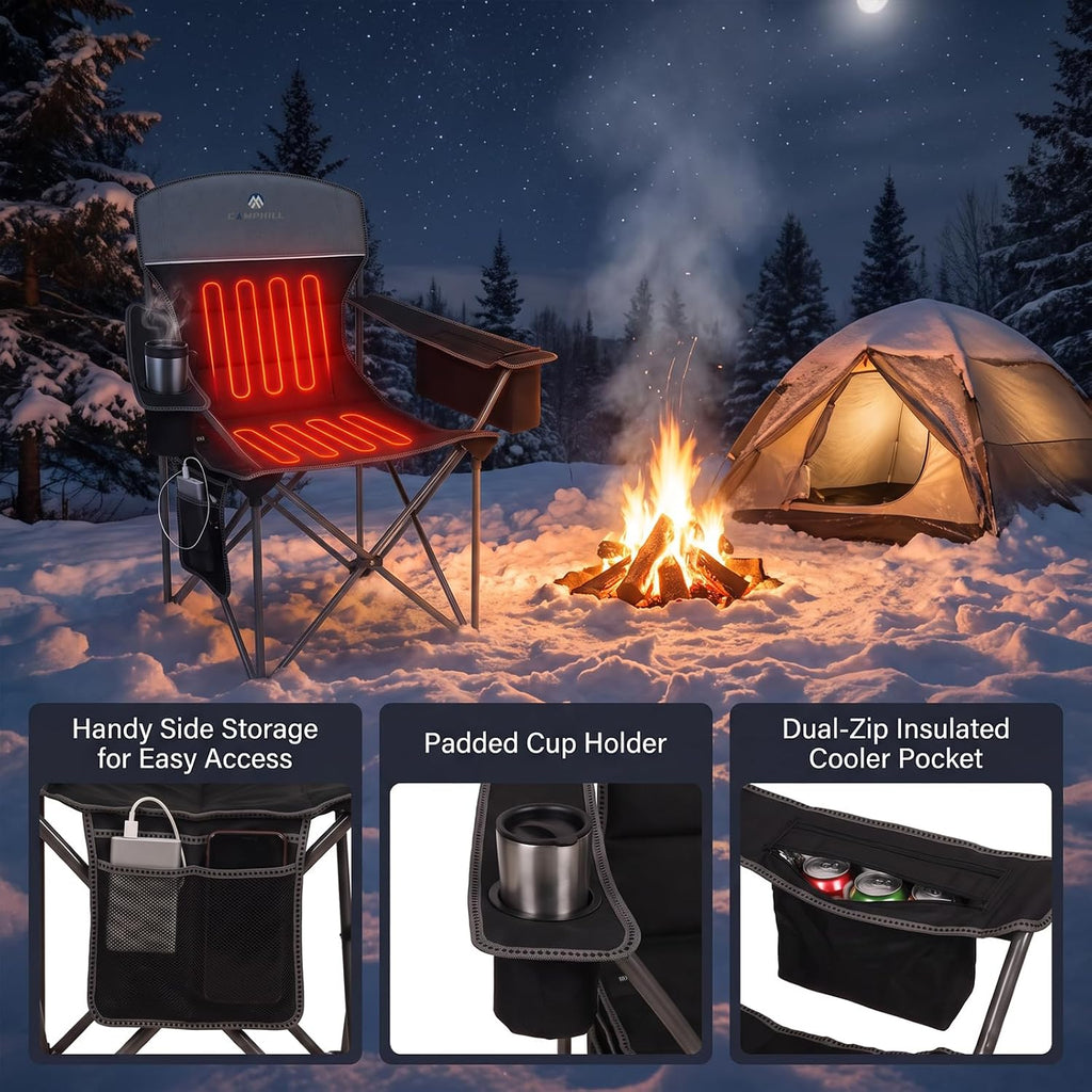 Heated Camping Chairs 2 Pack - Heavy Duty 400LBS Padded Lawn Chair with Cup Holder,Side Pocket,Collapsible for Outdoor,Camp,Fishing & Garden,Black,Battery NOT Included