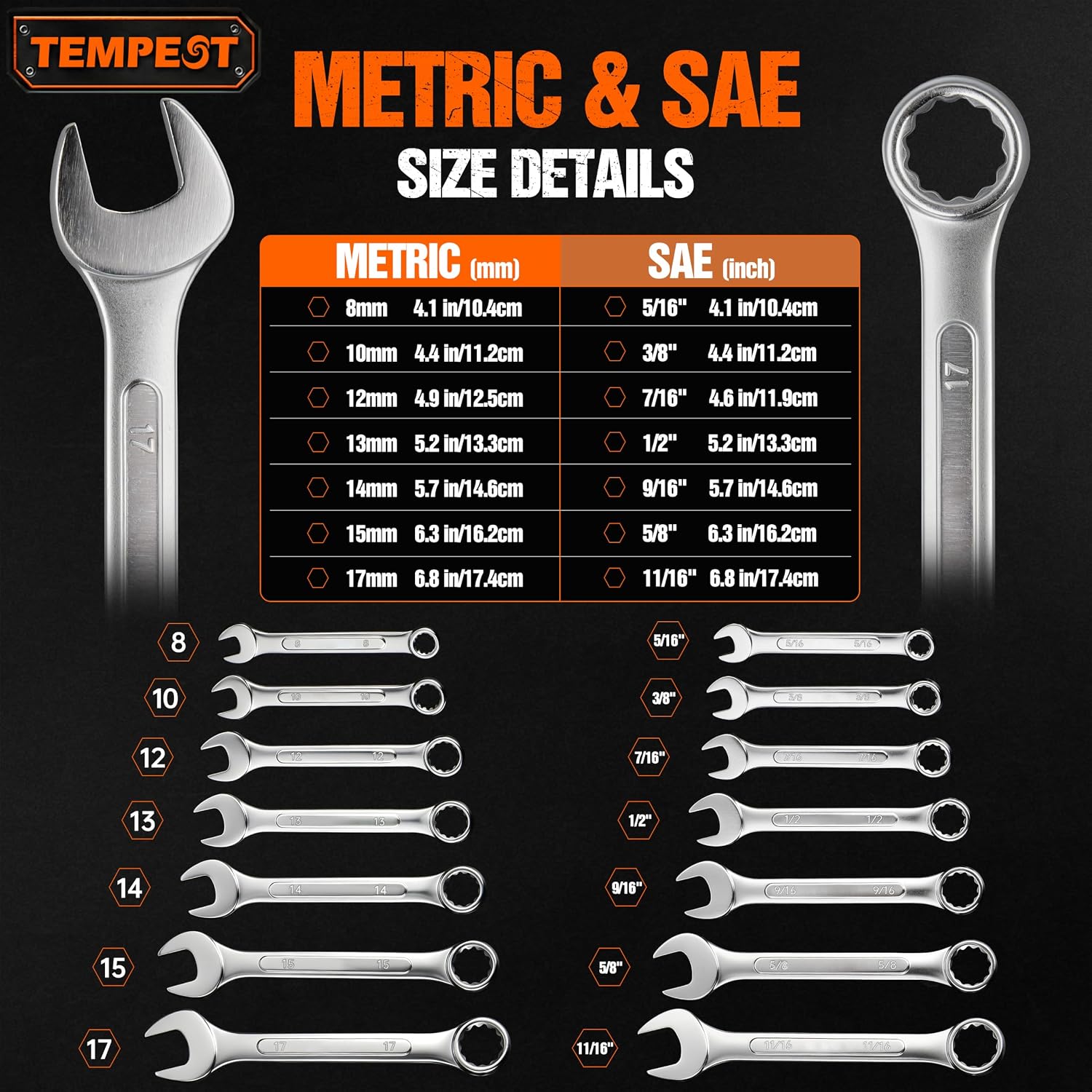 Tempest 14 Piece Combination Wrench Set, Metric & SAE (8-17mm, 5/16-11/16 inch) with Compact Organizer Rack, Drop Forged Steel Mechanics Hand Tools Kit for Automotive Repair, Home DIY, Workshops