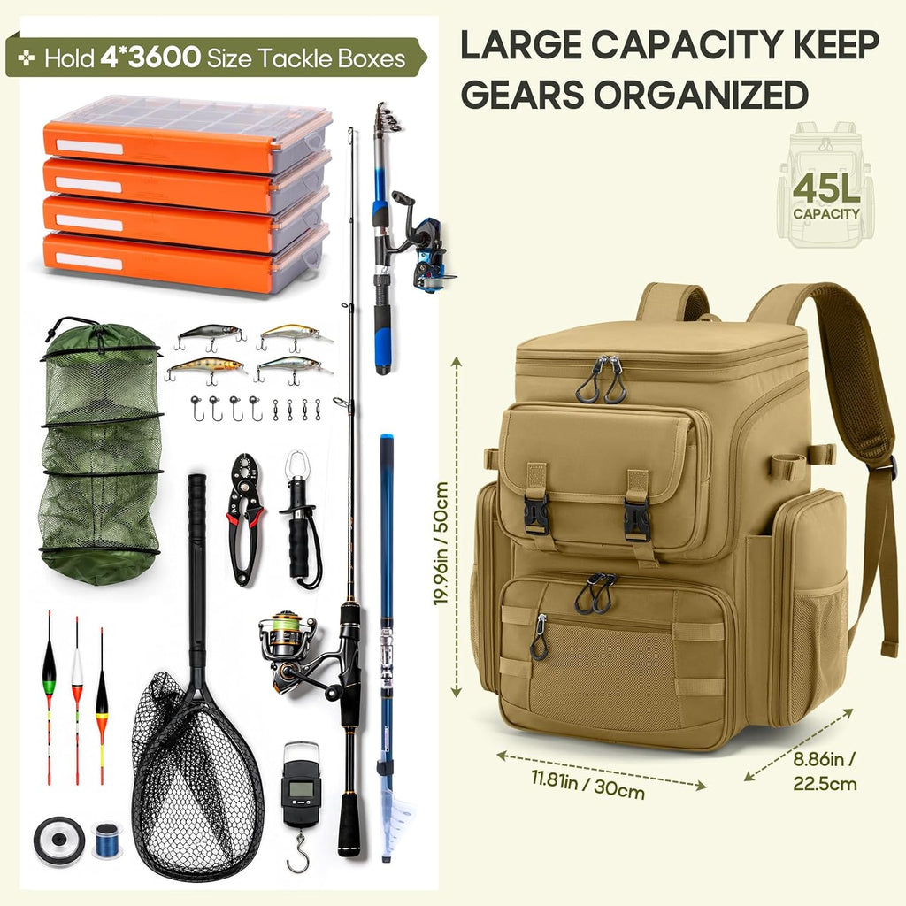 RAINSMORE Fishing Backpack, 45L Large Water-resistant Fishing Tackle Bag