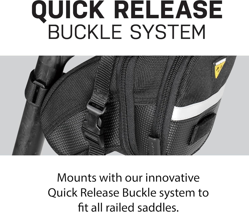 Topeak Aero Wedge Pack (Strap Mount, Medium) – Aerodynamic Seat Bag for Bikes, 1200D Polyester Construction, Quick-Release Buckle Mount, Expandable Storage, 3M Reflective Strip & Safety Light Clip