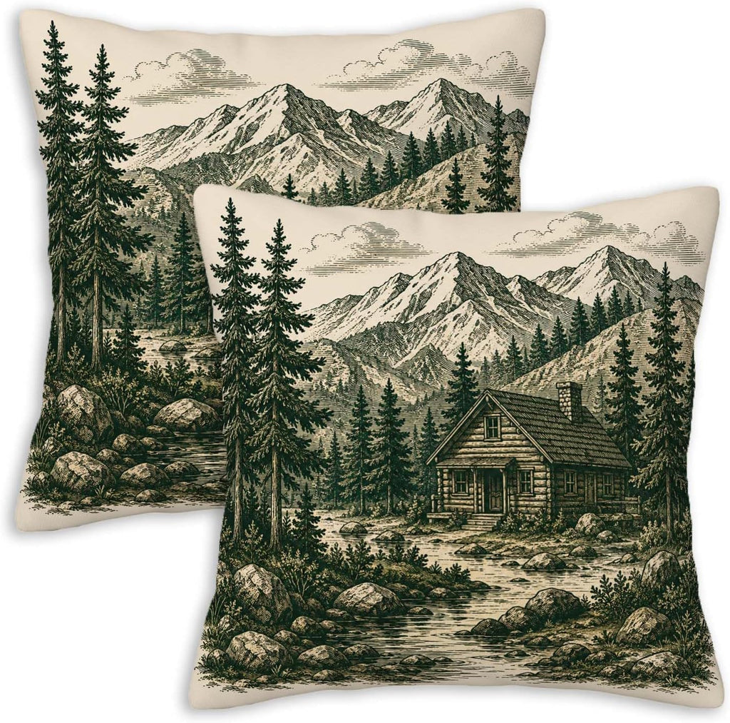 Mountain Cabin Throw Pillow Covers 18x18 Set of 2 | Rustic Lodge Decorative Cushion Covers | Pine Forest Pillow Cases for Couch Sofa Bed Living Room | Woodland Home Decor
