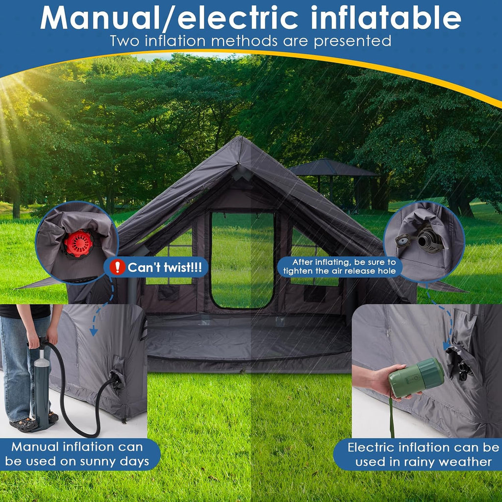 Inflatable Camping Tent with Electric Air Pump - 420D Heavy Duty Oxford - 5 Min Auto-Inflation - Panoramic Stargazing Skylight - 4 Season Luxury Glamping Cabin, 4-10 Person Multiple Sizes